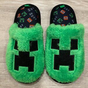 Size 1-2 Kids Minecraft Creeper Slippers Green Black Slip-On House Shoes